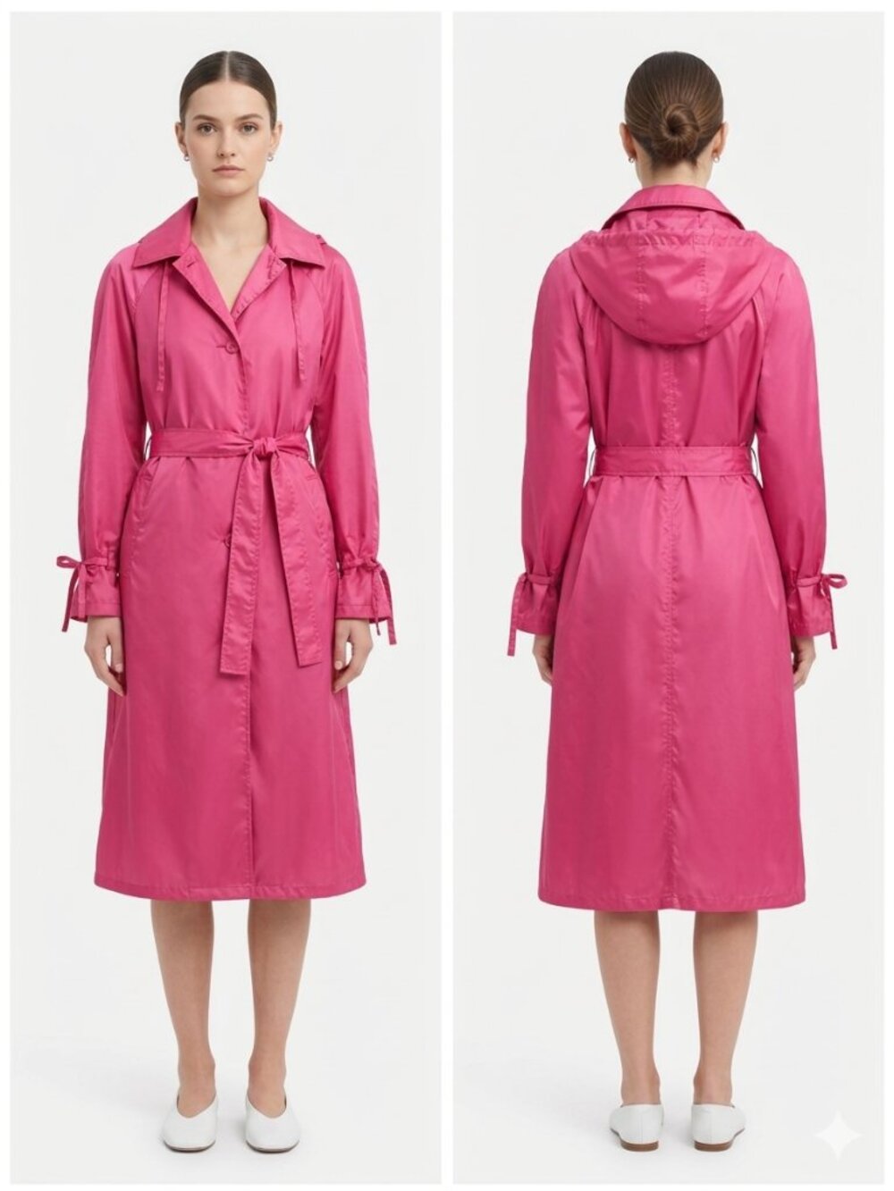 Vintage Aqua Sheen Rain Coat Trench Pink Hooded Belted Midi 14